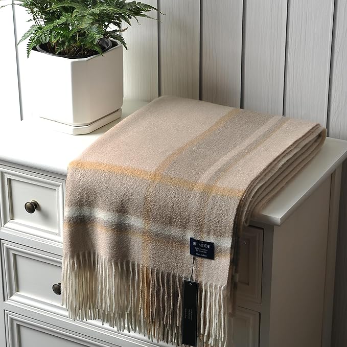 EP Mode 100% Pure Cashmere Throw Blanket for Sofa, Classic Design with Gift Box (Beige Border)