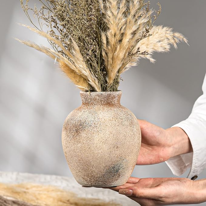 Ceramic Decorative Flower Vase | 6 Inch Pottery Rustic Farmhouse | Boho | Whitewashed Terracotta Vase for Home Decor, Table, Living Room, Bathroom, Shelf, Mantel Decoration, Terra