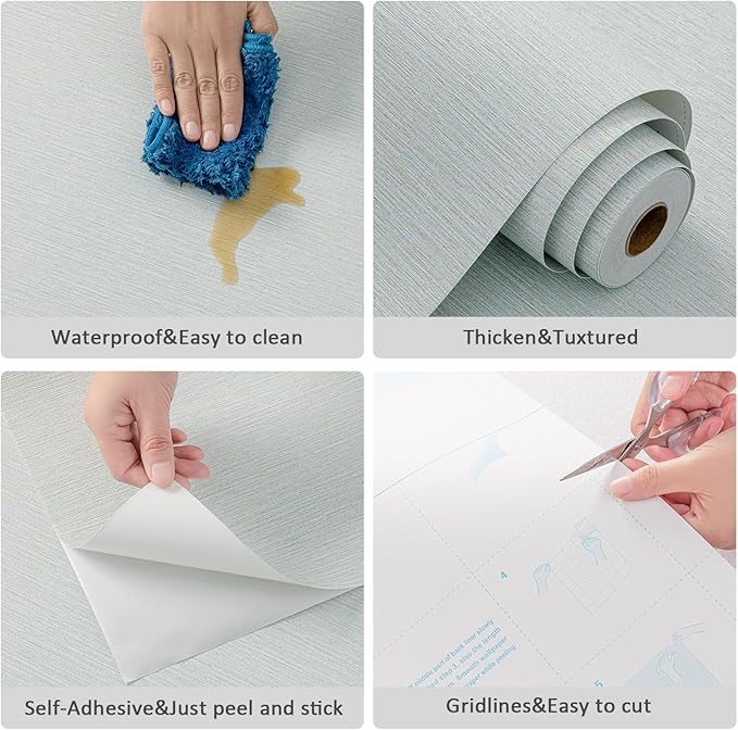 Grasscloth Peel and Stick Wallpaper 20.8"x394" Blue Thick Fabric Textured Linen Classic Faux Grassweave Neutral Removable Wallpaper Vinyl Film Roll for Home Use