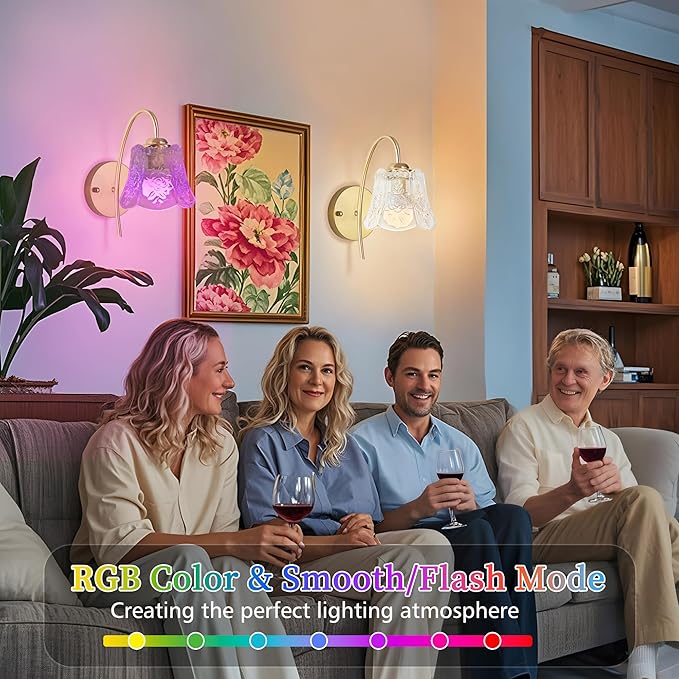 Vintage Battery Operated Wall Sconce with Flower lampshade,Rechargeable Battery Powered Wall Lights,Wall lamp with 15 Colors for Bedroom Living Room Home Decor (Clear Rose, 2 Light Battery Operated)