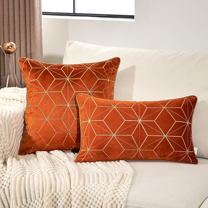 Aeckself 16 x 16 Inch Orange Gold Plaid Geometric Stripes Embroidery Velvet Cushion Case Luxury Modern Square Throw Pillow Cover Pillowcase for Couch Living Room Bedroom Car 40 x 40cm