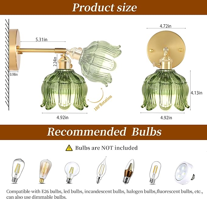 Vintage Battery Operated Wall Sconce with Remote Control,Wall Lamp with Flower lampshade,Rechargeable Battery Powered Wall Lights with 15 Colors for Beside Bedroom Living Room Doorway,Set of 2