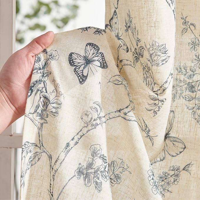 Lazzzy Linen Blue Floral Curtains 90 Inch Length Farmhouse Curtain Back Tab Drapes for Living Room Bedroom Light Filtering Vintage Rod Pocket Curtains, 2 Panels, Blue on Beige