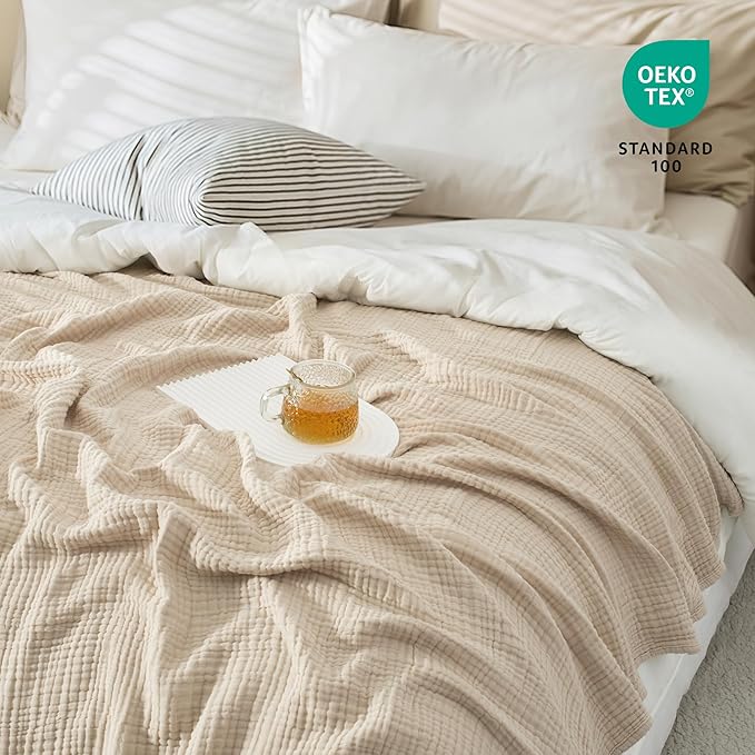 Carriediosa 100% Cotton Muslin Throw Blanket 90" X 90" Queen Size，4-Layers Summer Gauze Throws for Bed Couch，Soft Lightweight Breathable Linen Blankets Bedspread for Adults All Season，Khaki