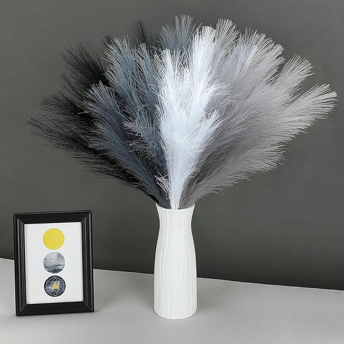 80 Pcs Pampas Grass Decor 21.7" Fluffy Black White Grey Faux Short Pampas Grass Artificial Small Pompas Grass Flower Vase Filler for Home Wedding Decoration