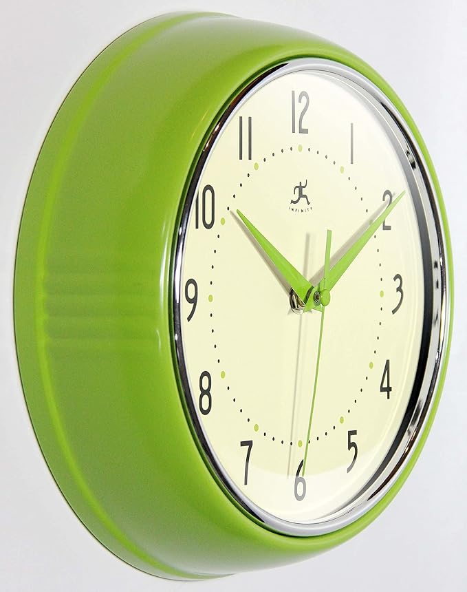 Infinity Instruments LTD. Retro 9 inch Silent Sweep Non-Ticking Mid Century Modern Kitchen Diner Wall Clock Quartz Movement Retro Wall Clock Decorative (Apple Green)…
