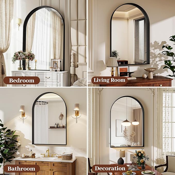 20" x 30" Luxury Arched Bathroom Mirror - Arch Wall Mirror with Shatterproof Tempered Glass and Metal Deep Frame, Hanging or Leaning for Living Room, Dresser, Entrance and Hallway, Black