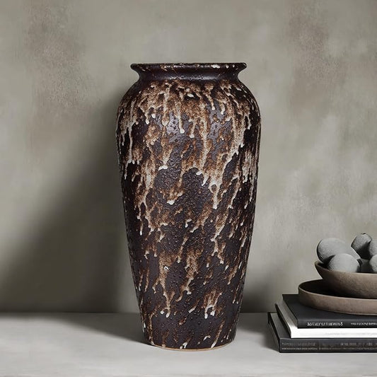 Ceramic Rustic Floor Vase, 12" Large Farmhouse Flower Vase for Home Decor, Vintage Vase Decor for Living Room Centerpieces,Office,Housewarming,Wedding