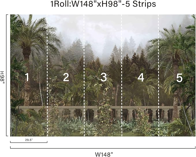 Zeeko Foggy Forest Woodland Wallpaper Mural Peel and Stick 148" W x 98" H Tropical Green Nature Landscapes Wall Murals for Bedroom Living Room