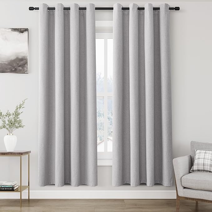 100% Blackout Linen Curtains for Bedroom Thermal Insulated Grommet Complete Blackout Drapes 72 Inch Length 2 Panels Set Heat and Full Light Blocking Living Room Darkening Curtains Light Grey