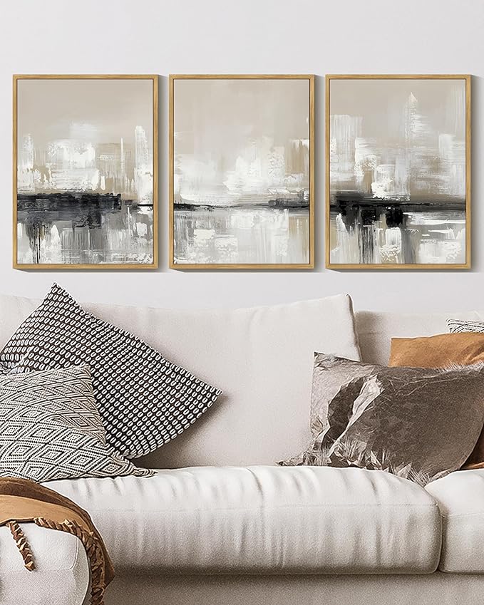 KUVIOKE Abstract Gray Framed Wall Art Neutral Brown Artwork Painting Morden Minimalist Wall Decor Rustic Home Decor 11x14in (Natural Framed)