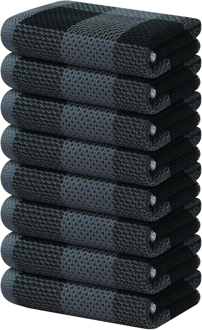 Homaxy 100% Cotton Waffle Weave Check Plaid Kitchen Towels, 13 x 28 Inches, Super Soft and Absorbent Dish Towels for Drying Dishes, 8-Pack, Black & Grey