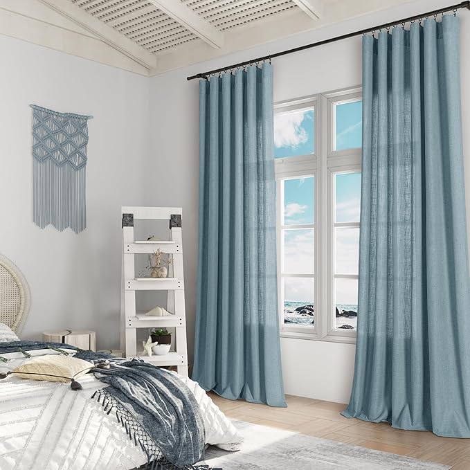 Guken Blue Linen Curtains 102 Inch Length for Living Room Bedroom 2 Panels Set Rod Pocket Light Filtering Semi Sheer Window Curtains 52 Inch Width Boho Farmhouse Linen Drapes Dusty Blue, W52xL102