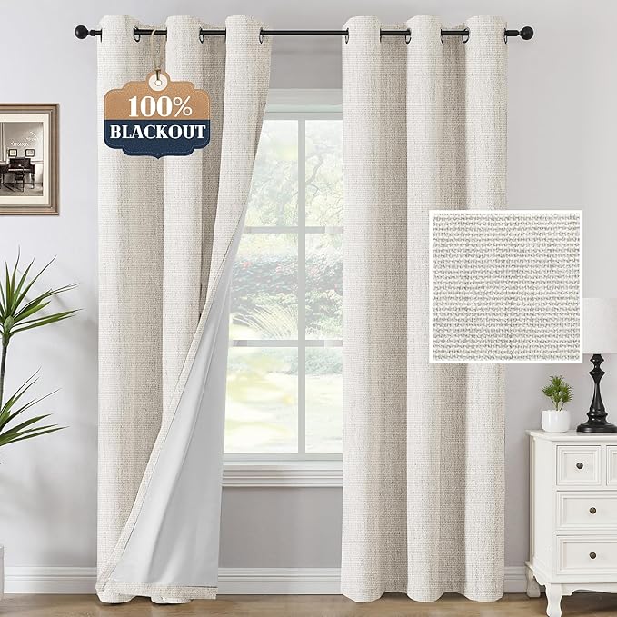 H.VERSAILTEX 100% Blackout Curtains Linen Textured Chenille Curtains Thermal Insulated Curtain Panels with White Flocking Coating Back, 42" W x 84" L, Heathered Ivory(Not Solid)
