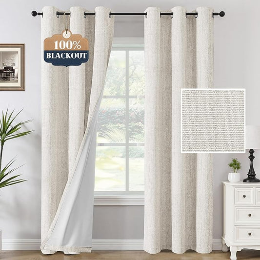 H.VERSAILTEX 100% Blackout Curtains Linen Textured Chenille Curtains Thermal Insulated Curtain Panels with White Flocking Coating Back, 42" W x 84" L, Heathered Ivory(Not Solid)