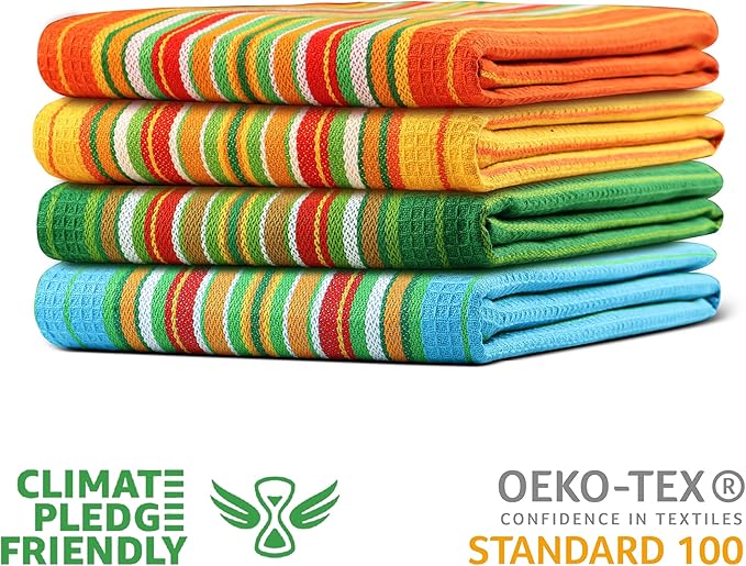 Urban Villa Salsa Stripe Kitchen Towels 100% Cotton Dish Towels for Kitchen Multi Color Highly Absorbent Multi-Purpose Waffle Dish Cloths for Cleaning Soft Hand Bar Towels 20x30 Inches (Set of 4)