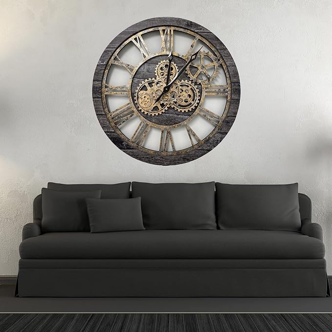 ImprovingLife The Gears Clock The Original Real Moving Gear Wall Clock Vintage Industrial Oversized Rustic Farmhouse (24 inch (60cm), Vintage Carbon Grey and Bronze)