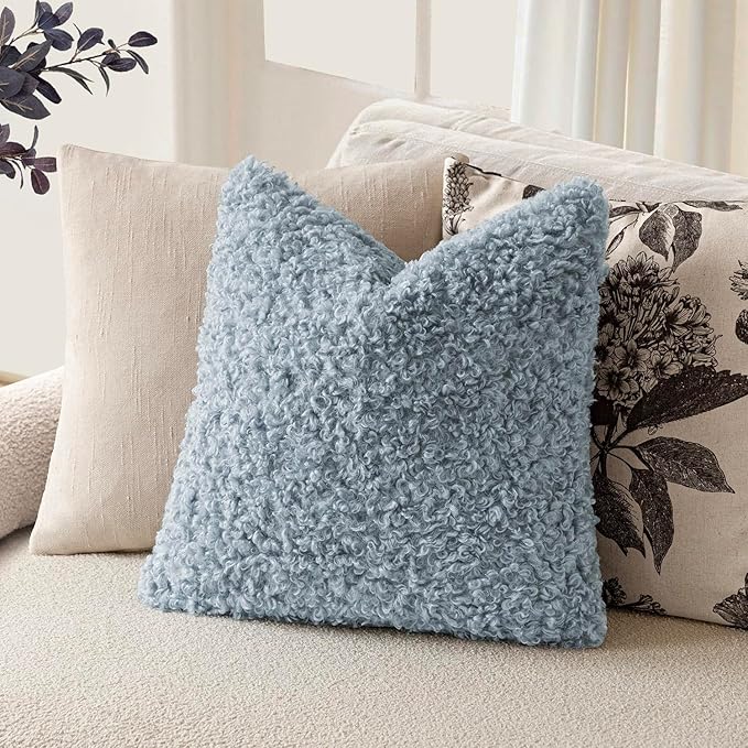 Foindtower 2 Pieces 20x20 Inch Misty Blue,Faux Fur Throw Pillow Cover Accent Sherpa Furry Pillow Covers Fuzzy Soft Pillowcases Cozy Sheepskin Decorative Fleece Cushion Case for Bed Couch Living Room