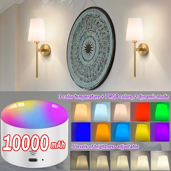 Battery Operated Wall Sconce with Remote,White Fabric Shade Wall Sconce Set Of 2 Battery Powered Sconces Wall Lighting Indoor Wireless Dimmable Wall Lamp with 3 Color Temp Bulb for Bedroom Living Room