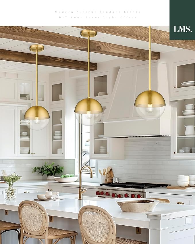 LMS Mid Century Pendant Light Fixtures, Brushed Gold Farmhouse Pendant Light with Clear Globe Glass Shade, Adjustable Hanging Rod Ceiling Light for Dining Room Bathroom Kitchen Island, LMS-186BGC