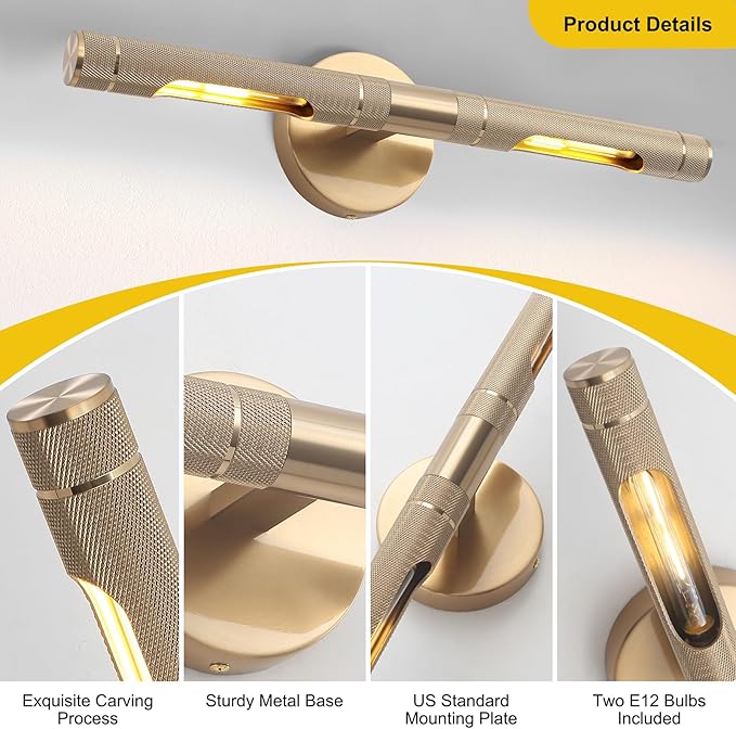 Brushed Brass Picture Lights for Wall,19 Inch Hardwired Knurled Gallery Light, Rotatable 360° Modern Gold Wall Lights for Pictures Bathroom Living Room Bedroom, E12 Bulbs Included(1 Pack)