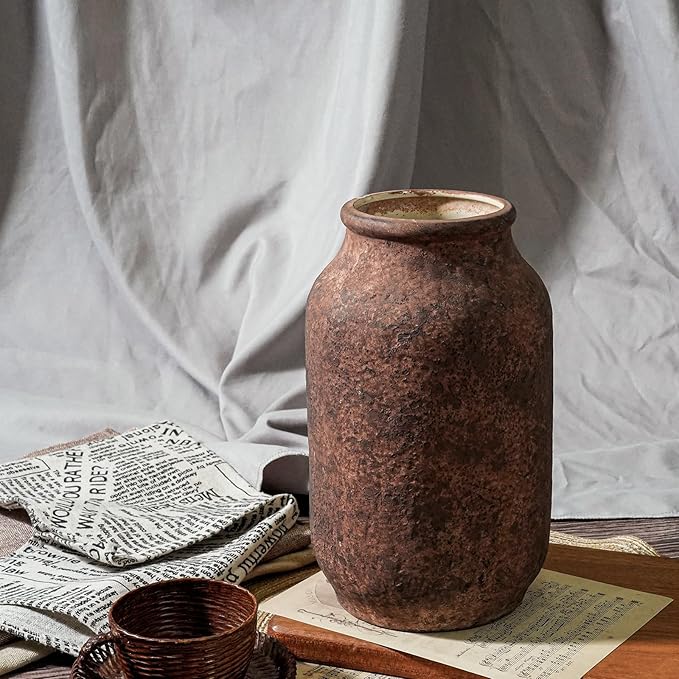 Terracotta Vase, Large Rustic Ceramic Vase, Farmhouse Decor for Living Room, Shelf, Mantle, Entryway, Room Decor, 9 Inch, Brown