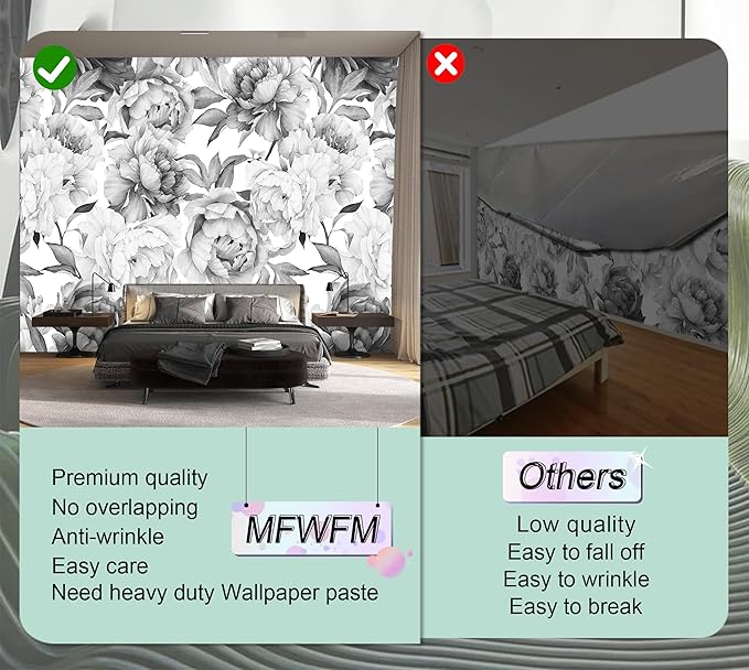 Gray Peonies Wallpaper Watercolor Floral Mural Wallpaper for Nursery(Not Peel n' Stick)