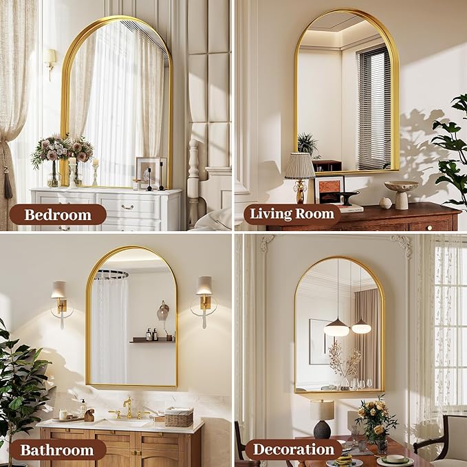 24" x 36" Luxury Arched Bathroom Mirror - Arch Wall Mirror with Shatterproof Tempered Glass and Metal Deep Frame, Hanging or Leaning for Living Room, Dresser, Entrance and Hallway, Gold