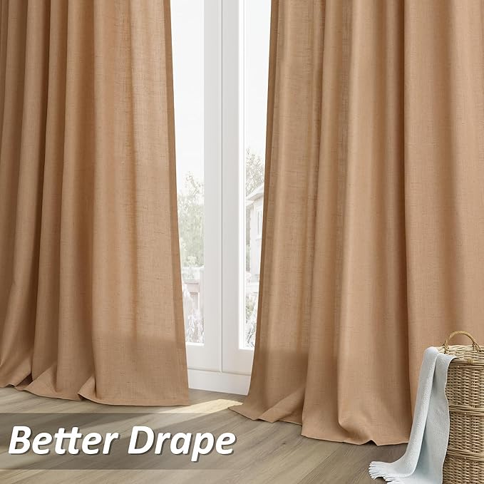 Guken Camel Brown Linen Curtains 108 Inches Long 2 Panel Set Rod Pocket Semi Sheer Dining Room Cozy Bedroom Decor Cotton Look Country Rustic Farmhouse Boho Curtains 52x108