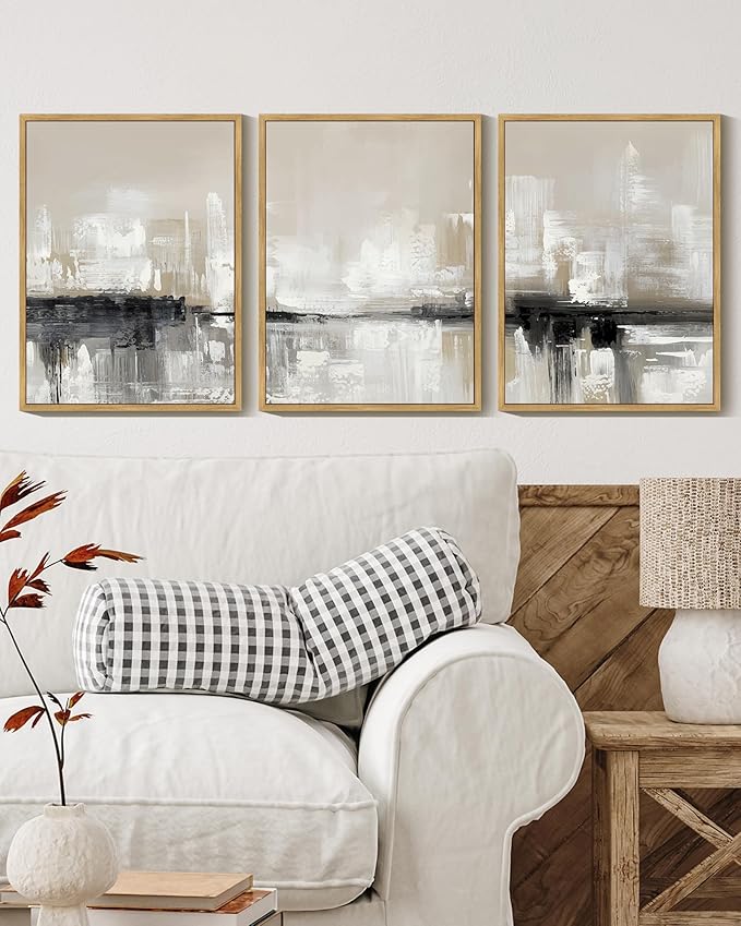 KUVIOKE Abstract Gray Framed Wall Art Neutral Brown Artwork Painting Morden Minimalist Wall Decor Rustic Home Decor 11x14in (Natural Framed)