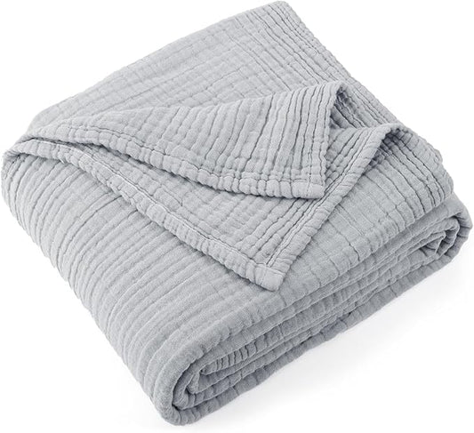 Carriediosa 100% Cotton Muslin Throw Blanket 70" X 80" Twin Size，4-Layers Summer Gauze Throws for Bed Couch，Soft Lightweight Breathable Linen Blankets Bedspread for Adults All Season，Grey