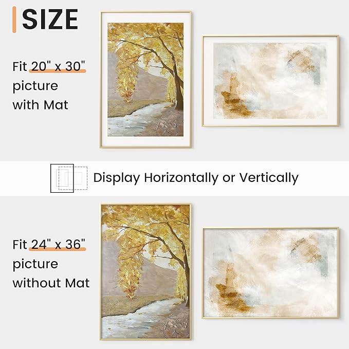 24x36 inch Metal Poster Frame - 24 x 36 Thin Aluminum Picture Frames Matted for 20x30 Photos, Artworks, Prints, Puzzle - High Definition Plexiglass - Vertical and Horizontal Display - Wall Hook Hanging Hardware Included - Gold, Set of 1