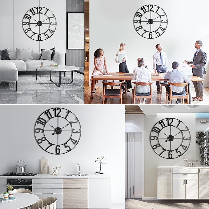 24-Inch(60CM) Large Wall Clocks for Living Room Decor, Silent Non Ticking Battery Operated, Decorative Analog Metal Indoor for Kitchen, Bedroom, Office Decor