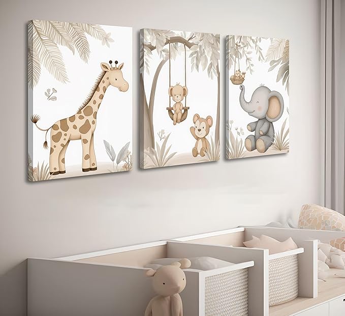 3Pcs Woodland Animal Nursery Canvas Wall Art Neutral Safari Animal Jungle Paintings Pictures Wall Decor Giraff Monkey Elephants Watercolor Poster Printing Artwork for kids room Home Decoration