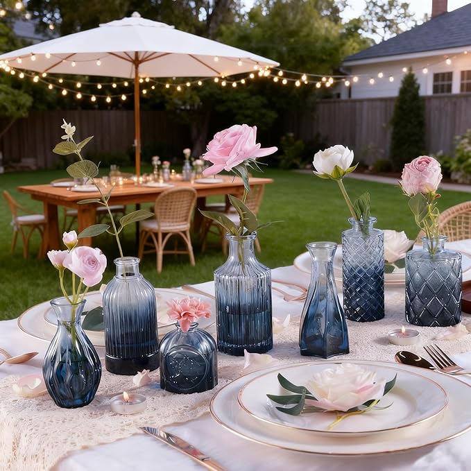 Glass Bud Vase Set of 12 Pcs, Small Glass Vases for Flowers, Vintage Vases for Centerpieces, Small Flower Design for Centerpieces Wedding Decorations Home Flower Party Decor (Blue, 12 Pcs)