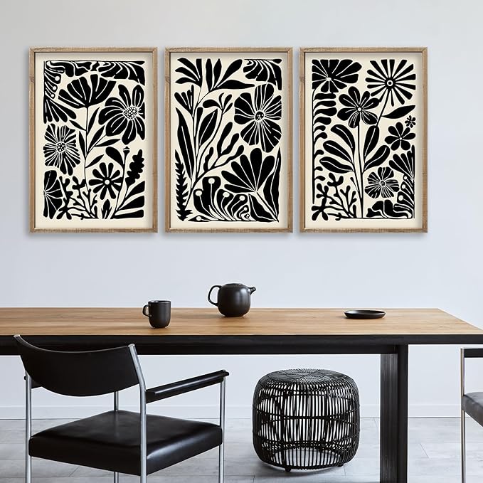 flowtorely Abstract Floral Botanical Wall Art 16x11 Inch 3 Piece Black Vintage Boho Plant Flower Minimalist Wood Frame Sign Home Living Room Family Office Mid Century Print Wall Hanging Decor (Wood)