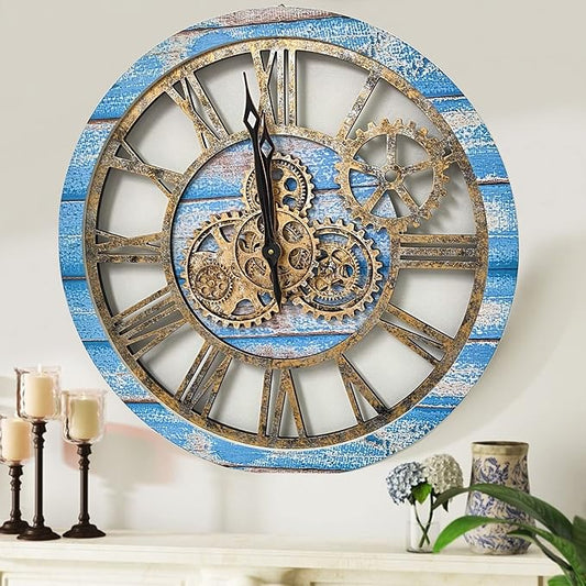 ImprovingLife The Gears Clock The Original Real Moving Gear Wall Clock Vintage Industrial Oversized Rustic Farmhouse (24 inch (60cm), Vintage Ocean Blue and Bronze)