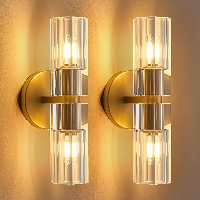Crystal Wall Sconces Set of Two, 13" Modern Brass Sconces Lighting with K9 Crystal Lampshade,Indoor Wall Sconce Bedroom Wall Light Fixtures for Living Room Bathroom Hallway Stairs Entryway
