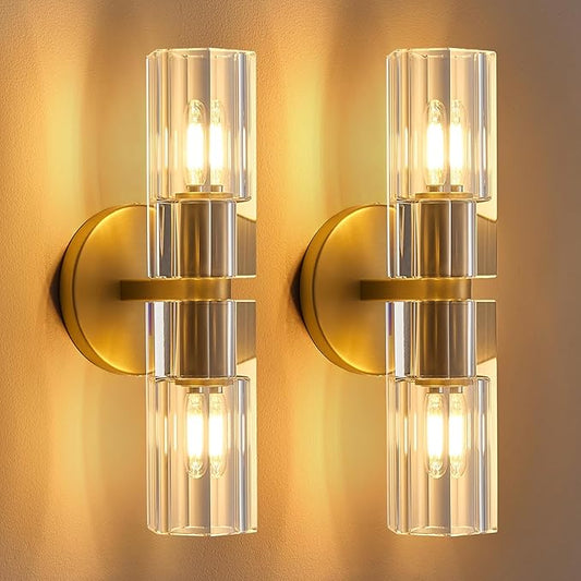 Crystal Wall Sconces Set of Two, 13" Modern Brass Sconces Lighting with K9 Crystal Lampshade,Indoor Wall Sconce Bedroom Wall Light Fixtures for Living Room Bathroom Hallway Stairs Entryway