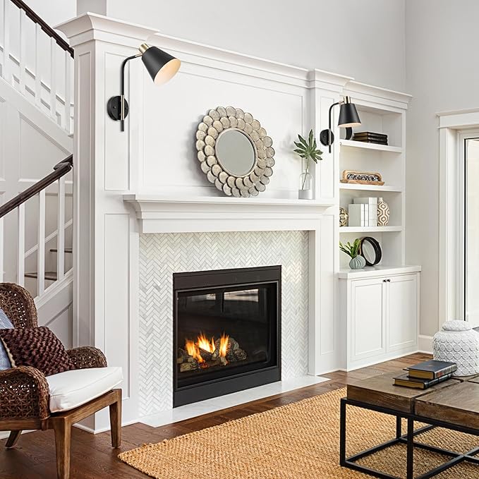 GLOBE Electric 51374 Cleo 1-Light Plug-in or Hardwire Wall Sconce, Matte, Antique Brass Accents, Black Cloth Cord, 14.44