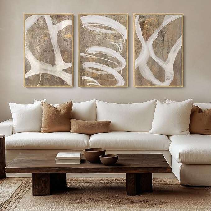 Framed Abstract Wall Art for Living Room, 3 Piece Modern Brown Beige Canvas Painting Artwork for Walls, Large Minimalist Neutral Lines Abstract Wall Decor, Hallway, Bedroom, Office, 24x36 Inch