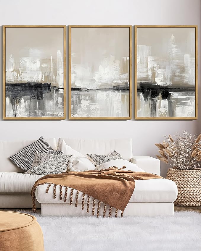 KUVIOKE Abstract Gray Framed Wall Art Neutral Brown Artwork Painting Morden Minimalist Wall Decor Rustic Home Decor 24x36in (Natural Framed)