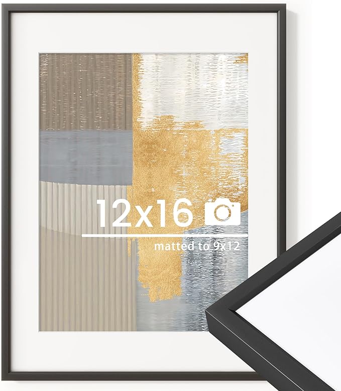 12x16 inch Metal Picture Frame - 12 x 16 Thin Aluminum Photo Frames with 9x12 Removable Mat - High Definition Plexiglass - Vertical and Horizontal Display - Wall Hook Hanging Hardware Included - Black, Set of 1