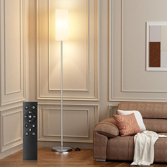 Ambimall 66'' Floor Lamps for Living Room with Remote Control and Stepless Dimmable Colors Temperature & Brightness, 9W Bulb Included(White Lampshade & Silver Pole)