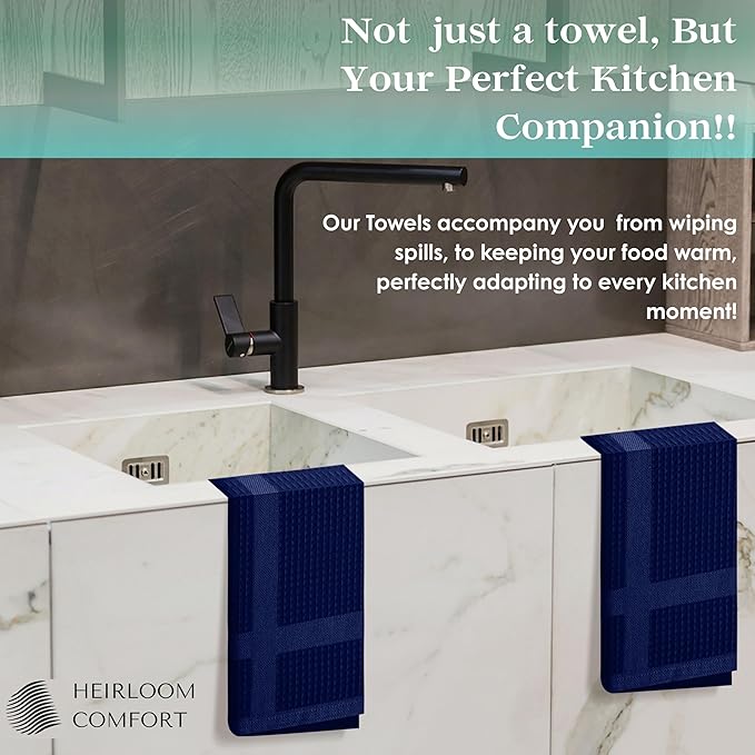 12 Pack Blue Waffle Weave Kitchen Towels, 16x26 Inches, 100% Cotton Dishcloth Set, Super Absorbent, Quick Dry, Soft Hand Towels for Drying Dishes, Cleaning, Durable, Indigo Blue