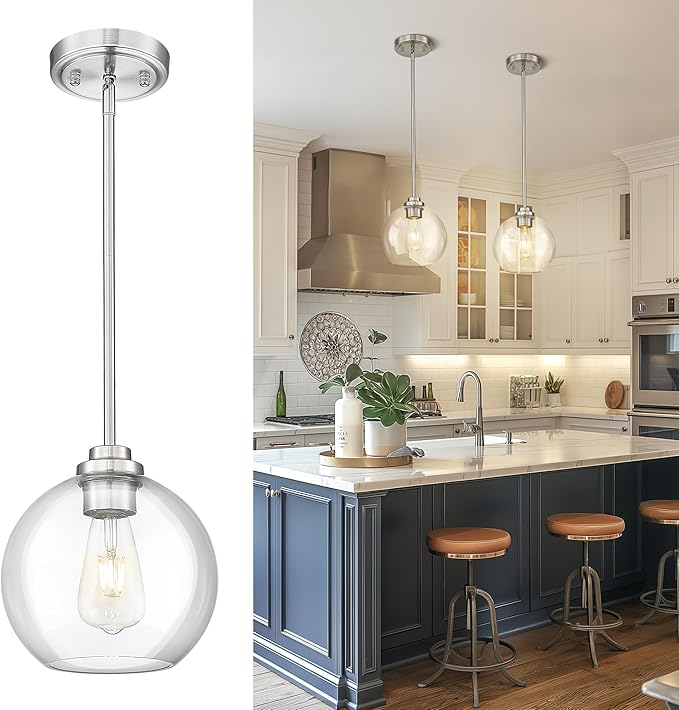 Globe Pendant Light Fixture, 8'' Modern Brushed Nickel Hanging Light with Clear Glass for Kitchen Island Dining Room Bedroom Hallway Foyer (1 Pack), PL101BN-L