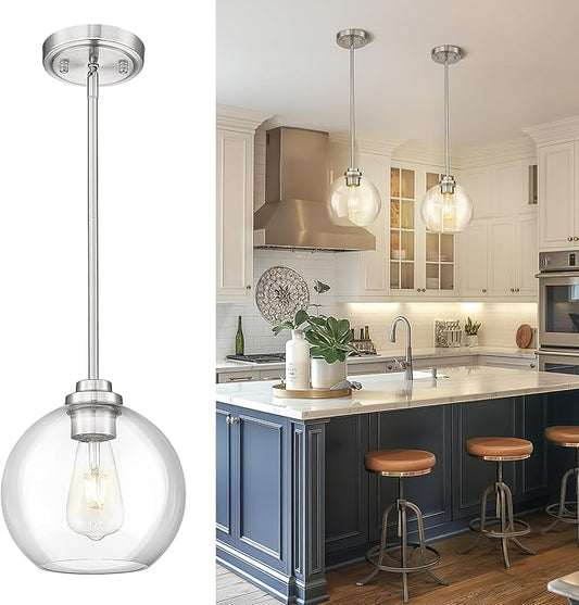 Globe Pendant Light Fixture, 8'' Modern Brushed Nickel Hanging Light with Clear Glass for Kitchen Island Dining Room Bedroom Hallway Foyer (1 Pack), PL101BN-L