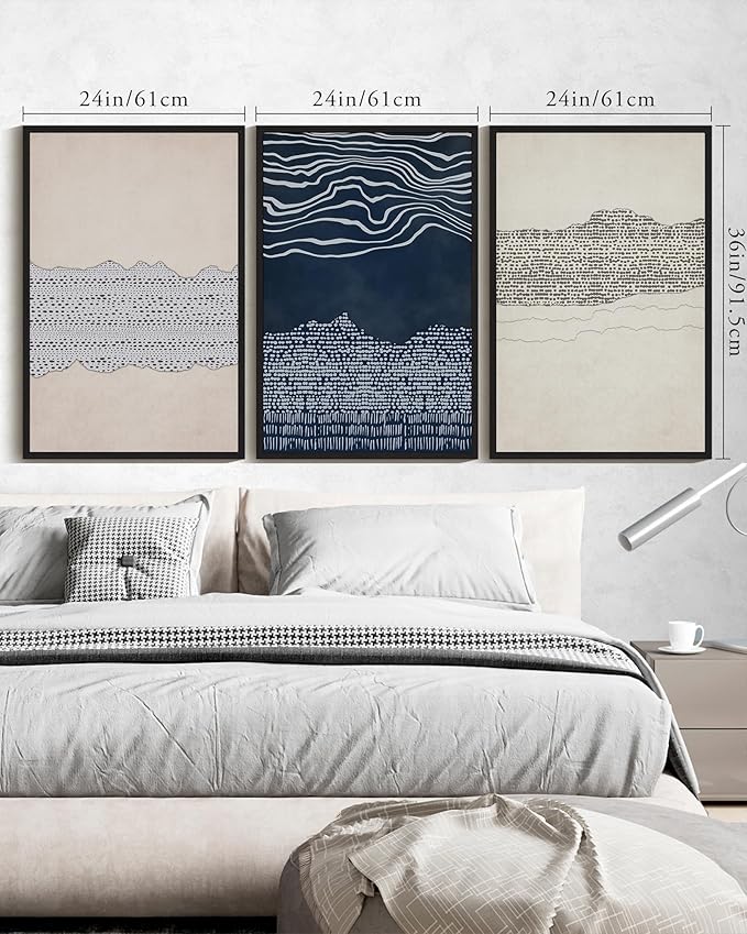 KUVIOKE Navy Blue Abstract Framed Wall Art Modern Neutral Minimalist Wooden Pastel Boho Wall Decor Farmhouse Rustic Art Painting Home Decor 24x36in (Black Framed)