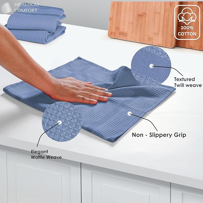 3 Pack Blue Waffle Weave Kitchen Towels, 16"x26", 100% Cotton, Super Absorbent, Fast Dry, Durable Dishcloth Set for Cleaning, Drying Dishes, Hand Towels, Machine Washable, Sky Blue
