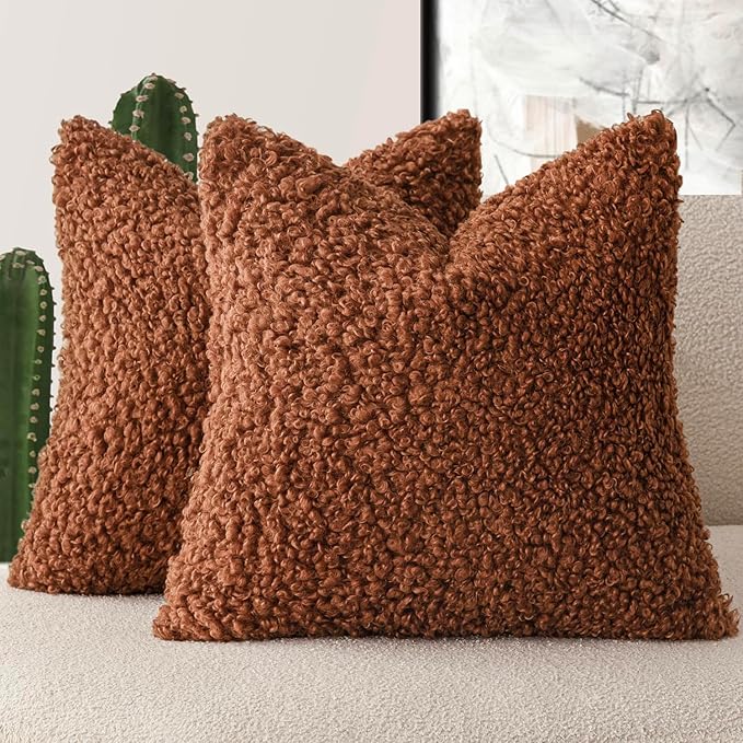 Foindtower 2 Pieces 18x18 Inch Hazel Brown,Faux Fur Throw Pillow Cover Accent Sherpa Furry Pillow Covers Fuzzy Soft Pillowcases Cozy Sheepskin Decorative Fleece Cushion Case for Bed Couch Living Room